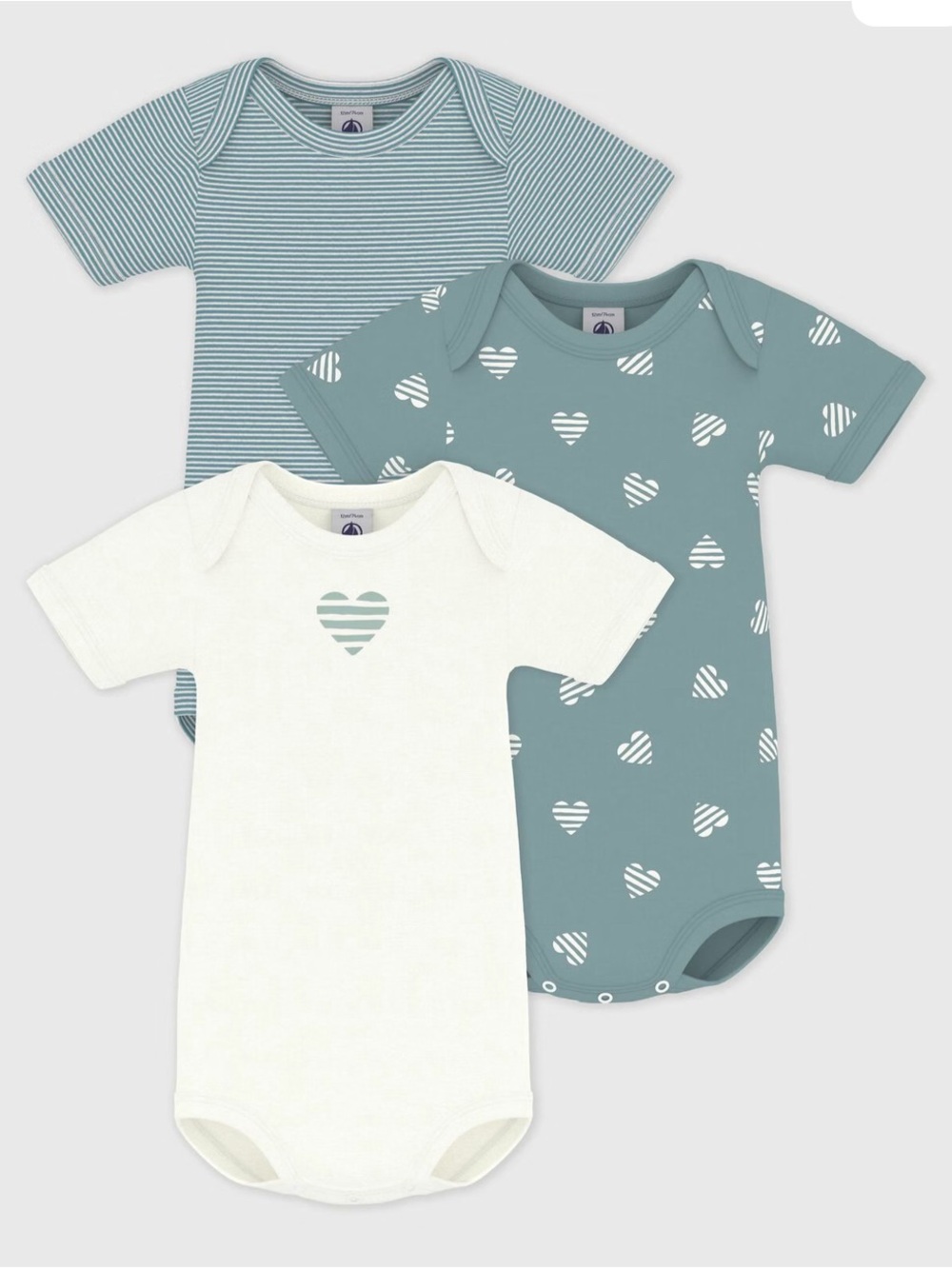 Petit Bateau 3-Pack Baby Short Sleeve Stripy Heart Prints Bodysuit 3m